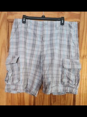 Men's Plaid Cargo Shorts Light Blue and Gray Size 36